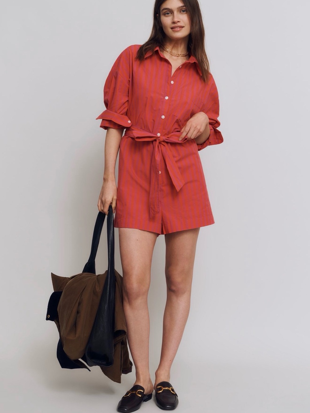 Anthropologie Coral-Striped Tie-Waist Jumpsuit